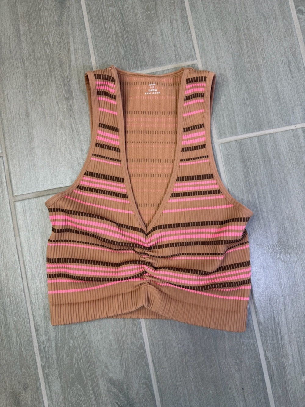 aerie Striped Ruched V-Neck Crop Top - Brown & Pink